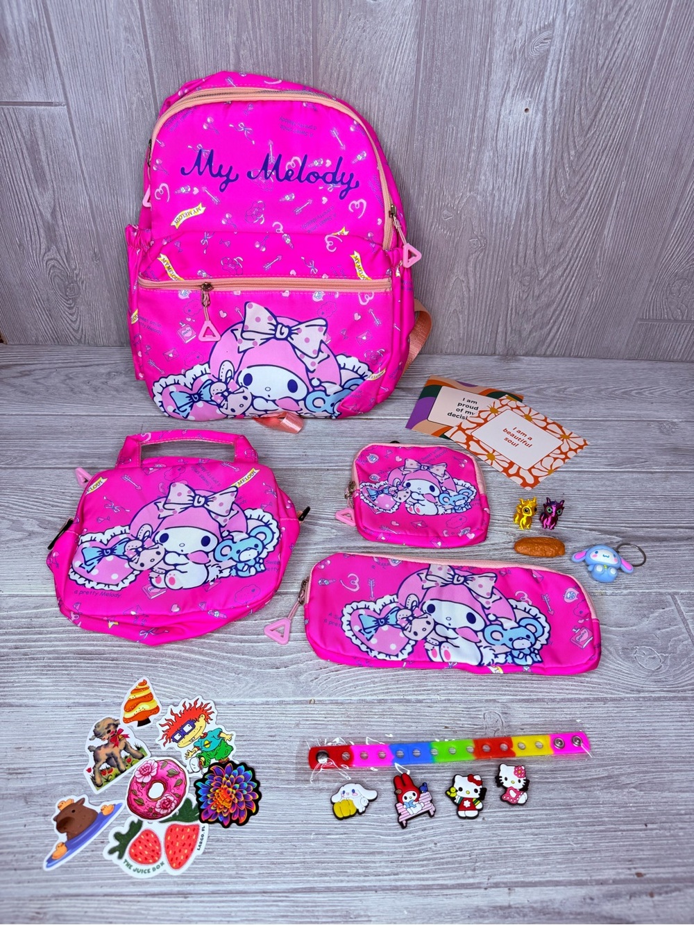 My melody backpack bundle croc charms keychain stickers nugget pen dragon & more